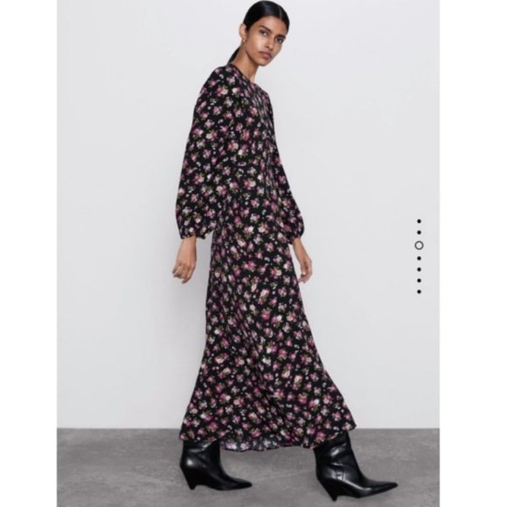 Zara floral pink black printed midi dress